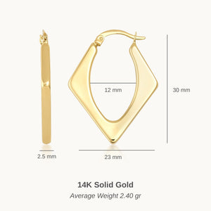 A pair of 14K Real Gold Triangle Geometric Hoop Earrings from RundaJewelryUs is displayed. One earring shows the front view with a hinged clasp, while the other reveals the side view, emphasizing the earrings' sleek design that adds an elegant touch to any outfit.