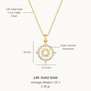 Introducing the 14K Gold North Star and Compass Graduation Necklace, featuring a sunburst pendant crafted from solid 14K gold. This intricately designed piece is adorned with small clear stones, capturing a bright elegance reminiscent of the North Star's guiding light.