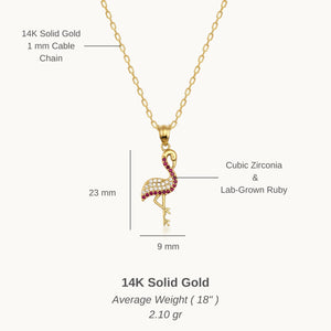 The 14K Solid Gold Ruby Flamingo Necklace features a flamingo-shaped pendant embellished with shimmering red and clear gemstones, making it an elegant gift for her.