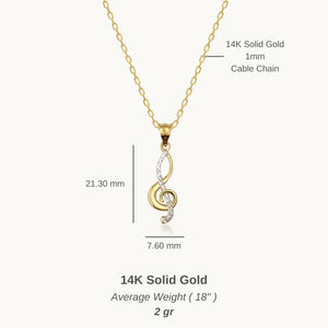 The 14K Solid Gold Treble Clef Necklace by RundaJewelryUs features a striking pendant that artfully combines gold and silver tones, making it an elegant piece of music-themed jewelry that stands out beautifully against a white background.