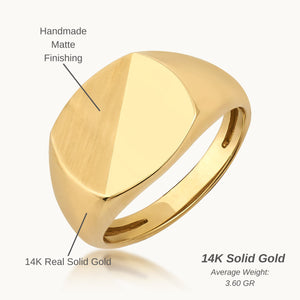 The 14K Solid Gold Matte & Polished Signet Ring for Men showcases a sophisticated design with its flat, oval-shaped face featuring a unique matte and shiny half-and-half finish. The engraved signet ring boasts a smooth band and minimalist elegance, creating an exquisite piece of men's jewelry.