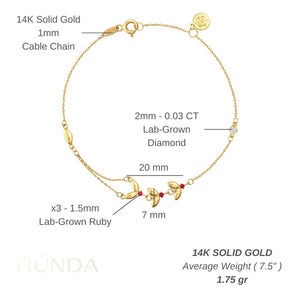 Introducing the 14K Solid Gold Ruby Butterfly Bracelet from the Chloris Collection, featuring a delicate chain design with small red beads and leaf-shaped charms. This exquisite bracelet is embellished with butterfly accents, making it an ideal choice for those celebrating a July birthstone.