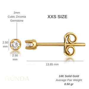 A pair of sophisticated 14K Solid Gold 2.50 mm Stud Earrings, showcasing a single round-cut diamond secured in a sleek prong setting. One earring presents the front view of the diamond, while the other reveals both the back and butterfly clasp against a plain white background.